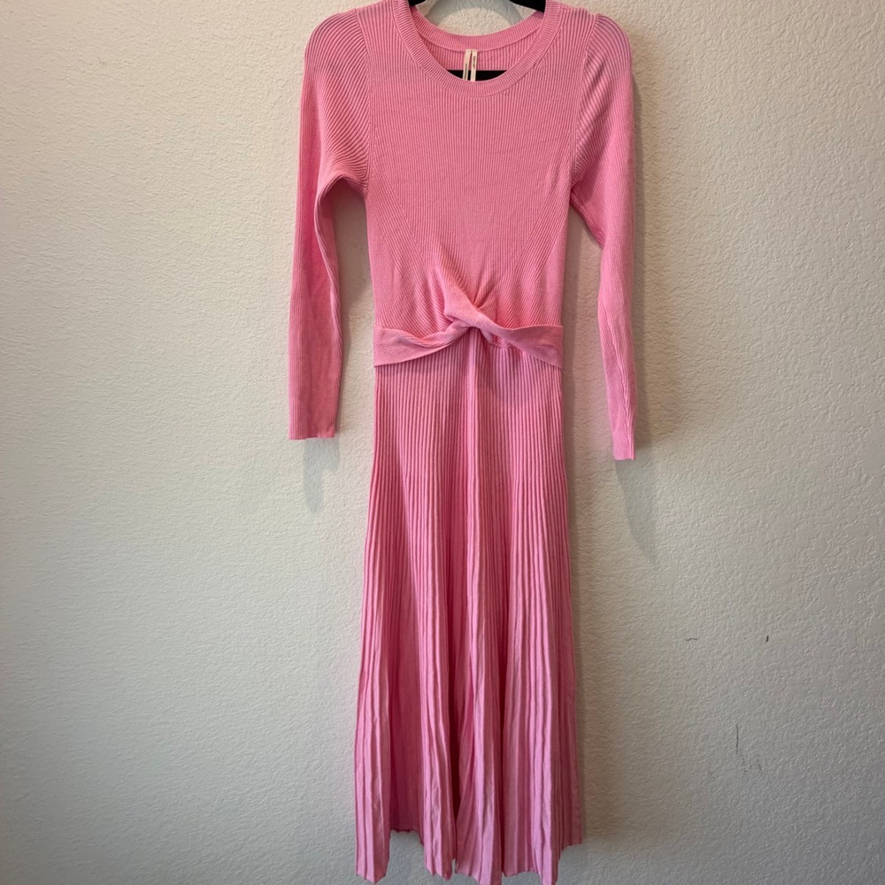 Anthropologie Pink Ribbed Twist Front Knit Midi Dress Long Sleeve Small